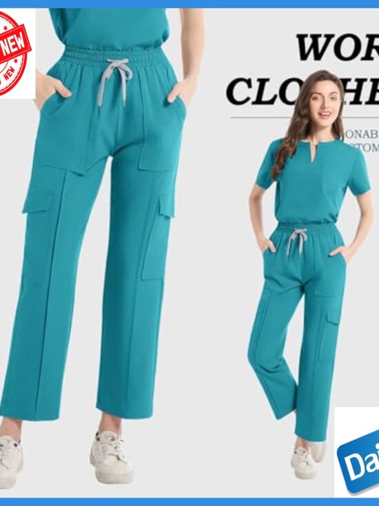Large V-Neck Scrub Set Top & Pants Multi-Pocket Medical Uniform - Picture 3 of 7